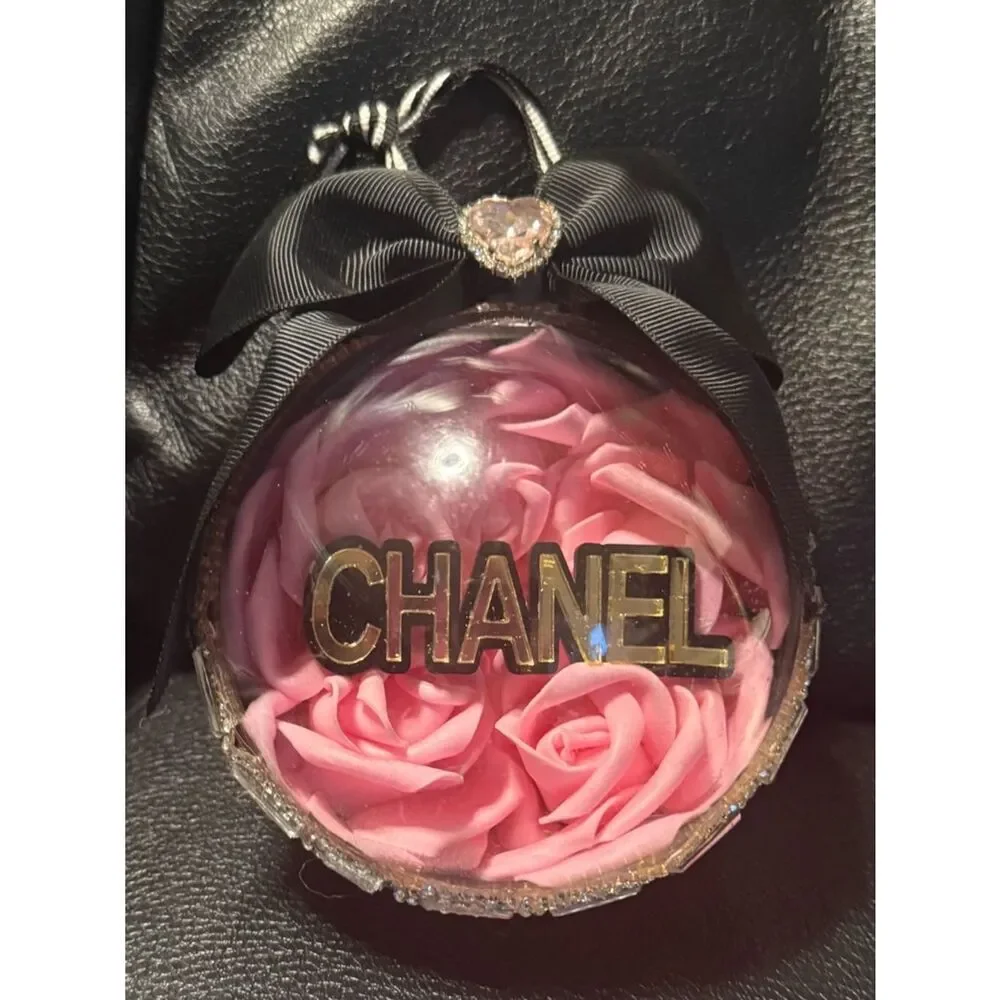 Luxury Pink Rose Ornament 4in Black Bow Gold Rhinestone Glam Chic Gift Decor